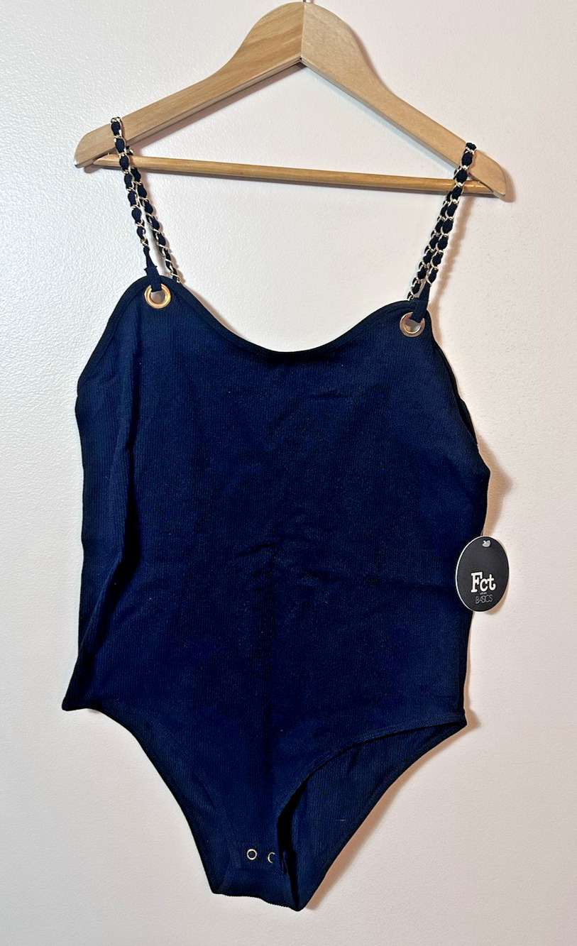 Fct Top Juniors L Black Ribbed Chain Strap Bodysuit Gold Grommet Y2K Snap 90s
